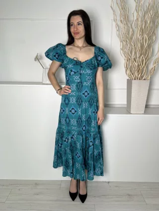   M&S (M) Sötét Tűrkíz Mintás, Mellnél Összehúzható Hátul Darázsolt, Fodros Aljú, 100% Pamut Ruha