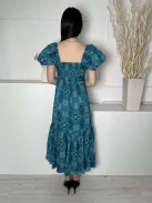 M&S (M) Sötét Tűrkíz Mintás, Mellnél Összehúzható Hátul Darázsolt, Fodros Aljú, 100% Pamut Ruha