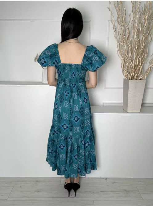 M&S (M) Sötét Tűrkíz Mintás, Mellnél Összehúzható Hátul Darázsolt, Fodros Aljú, 100% Pamut Ruha