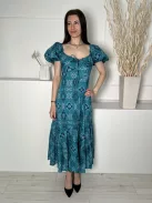 M&S (M) Sötét Tűrkíz Mintás, Mellnél Összehúzható Hátul Darázsolt, Fodros Aljú, 100% Pamut Ruha