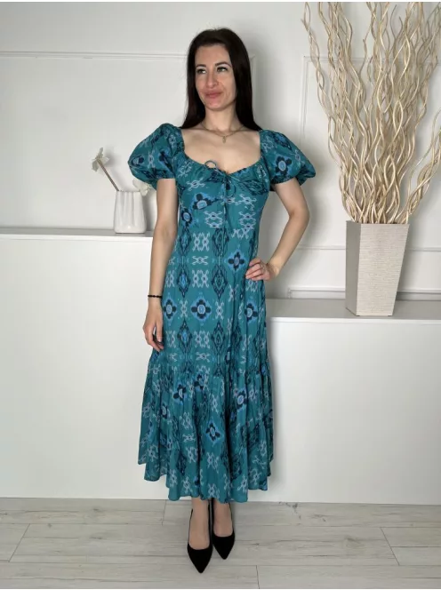 M&S (M) Sötét Tűrkíz Mintás, Mellnél Összehúzható Hátul Darázsolt, Fodros Aljú, 100% Pamut Ruha