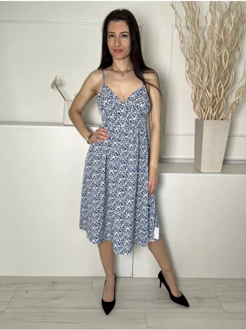 Shein (S) Kék Apró Fehér Virágos, Pántos Hátul Nyitott, Megkötős Ruha