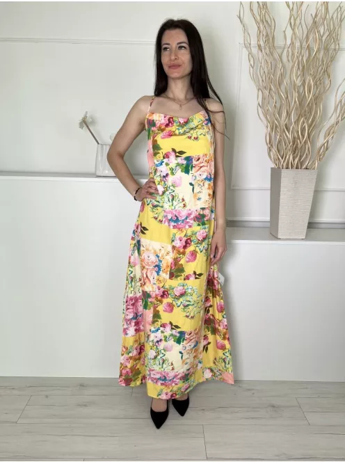 Shein (M) Sárga Színes Mintás,Hátul Nyitott Megkötős, Oldalt Sliccelt Ruha