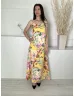   Shein (M) Sárga Színes Mintás,Hátul Nyitott Megkötős, Oldalt Sliccelt Ruha