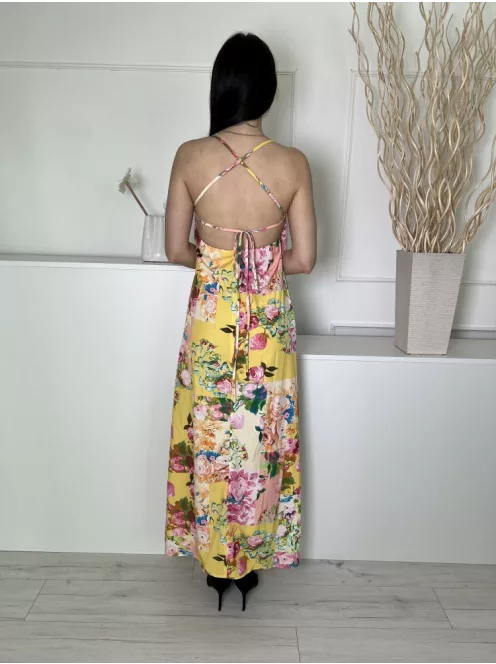 Shein (M) Sárga Színes Mintás,Hátul Nyitott Megkötős, Oldalt Sliccelt Ruha