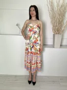 Lipsy (S) Vajszínű Színes Mintás, Hátul Nyakban Megkötős Darázsolt, Mellnél Húzott, Fodros Aljú Ruha