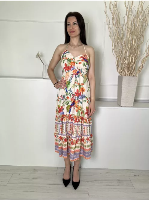 Lipsy (S) Vajszínű Színes Mintás, Hátul Nyakban Megkötős Darázsolt, Mellnél Húzott, Fodros Aljú Ruha