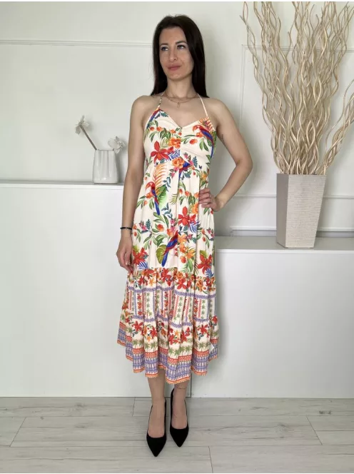 Lipsy (S) Vajszínű Színes Mintás, Hátul Nyakban Megkötős Darázsolt, Mellnél Húzott, Fodros Aljú Ruha