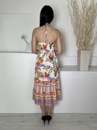 Lipsy (S) Vajszínű Színes Mintás, Hátul Nyakban Megkötős Darázsolt, Mellnél Húzott, Fodros Aljú Ruha