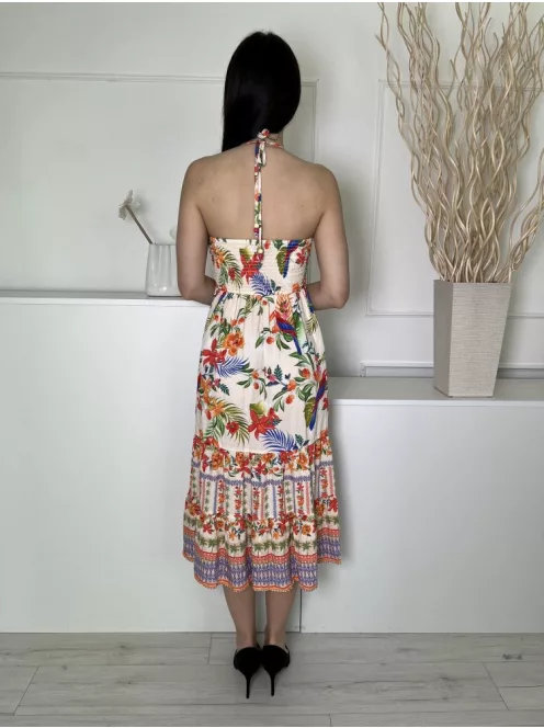 Lipsy (S) Vajszínű Színes Mintás, Hátul Nyakban Megkötős Darázsolt, Mellnél Húzott, Fodros Aljú Ruha