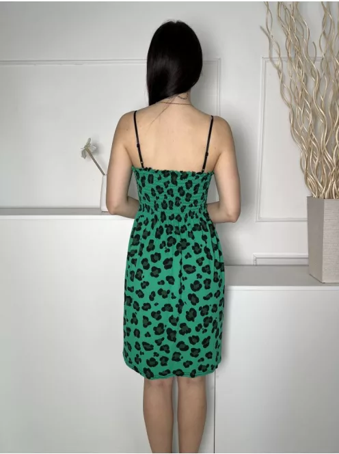  (M) Zöld Fekete Foltmintás, Felül Darázsolt Állítható Pántú Ruha