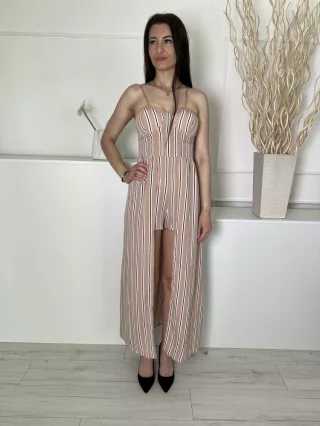   New Look (M) Barna Fekete-Fehér Csíkos, Hátul Darázsolt Mellbe Szivacsos, Derékban Szabott Overál