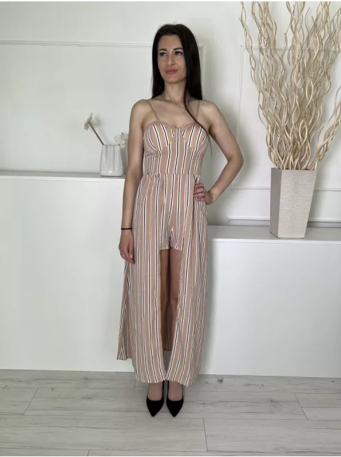 New Look (M) Barna Fekete-Fehér Csíkos, Hátul Darázsolt Mellbe Szivacsos, Derékban Szabott Overál