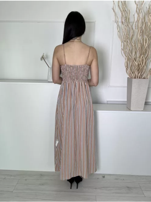 New Look (M) Barna Fekete-Fehér Csíkos, Hátul Darázsolt Mellbe Szivacsos, Derékban Szabott Overál