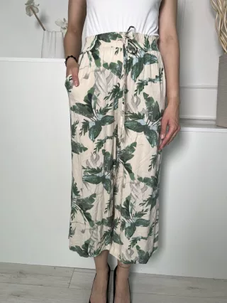   Primark (S) Drapp Zöld Levélmintás, Derékban Összehúzható Megkötős, Zsebes, Bőszárú Nadrág