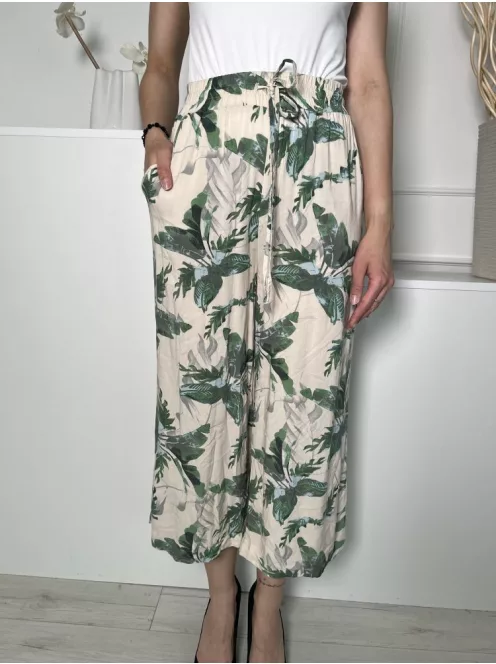 Primark (S) Drapp Zöld Levélmintás, Derékban Összehúzható Megkötős, Zsebes, Bőszárú Nadrág