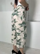 Primark (S) Drapp Zöld Levélmintás, Derékban Összehúzható Megkötős, Zsebes, Bőszárú Nadrág