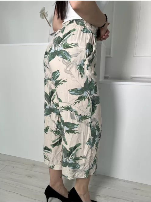 Primark (S) Drapp Zöld Levélmintás, Derékban Összehúzható Megkötős, Zsebes, Bőszárú Nadrág