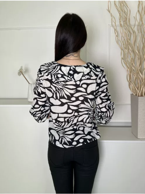 Primark (S) Fekete Fehér Mintás, Fodros Galléros 100% Pamut Alapanyagú Felső