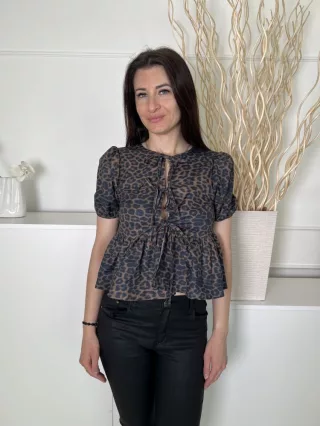   ÚJ Boohoo (XS) Barna Fekete Foltmintás, Mellnél Megkötős Buggyos Ujjú, Fodros Aljú Felső