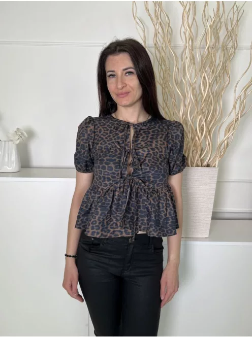 ÚJ Boohoo (XS) Barna Fekete Foltmintás, Mellnél Megkötős Buggyos Ujjú, Fodros Aljú Felső