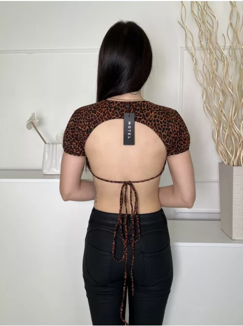 ÚJ Motel (S) Barna Fekete Foltmintás Hátul Nyitott, Megkötős Felső