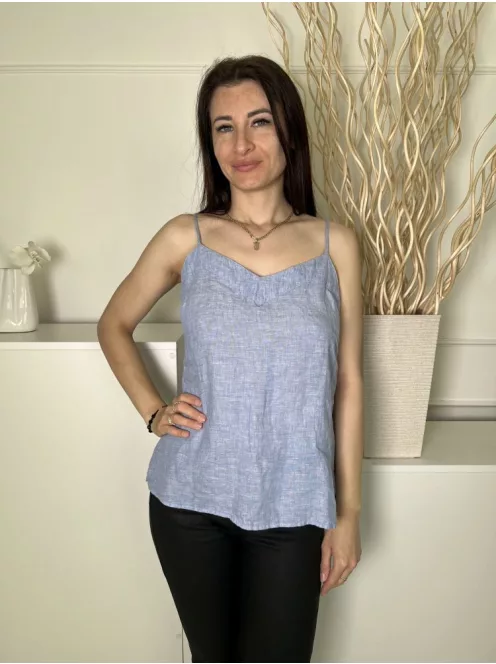 M&S (M) Felhőkék Állítható Pántú Oldalt Gombos, 100% Len Alapanyagú Felső