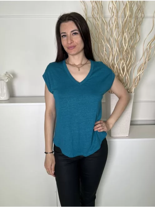 Witchery (S) Türkízkék V Kivágású Kerekített Aljú, 90% Len Alapanyagú Felső
