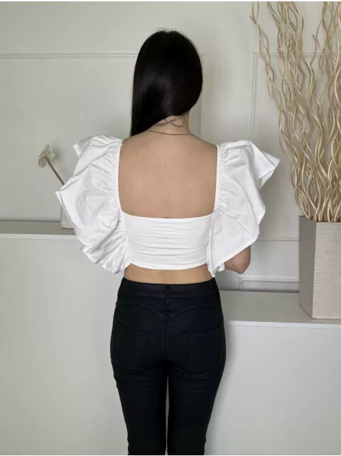 ZARA (S) Fehér Fodros Vállú, Hátul Darázsolt Rövid Fazonú Felső