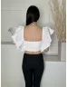   ZARA (S) Fehér Fodros Vállú, Hátul Darázsolt Rövid Fazonú Felső