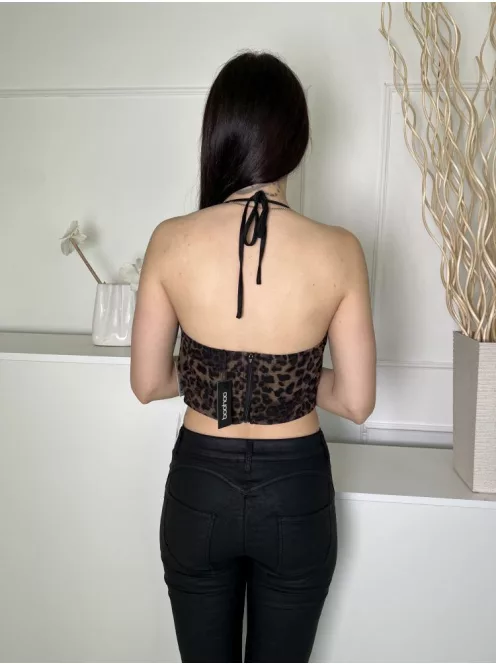 ÚJ Boohoo (M) Barna Fekete Foltmintás, Hátul Cipzáros Nyakban Megkötős Felső