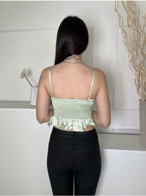 Stradivarius (S) Selyemcukor Zöld Mellnél Megkötős, Fodros Aljú Fényes Anyagú, Hátul Darázsolt Felső