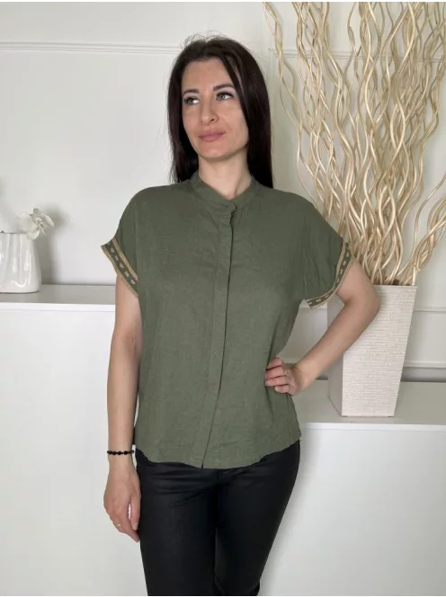 Aggél (M) Zöld Elől Rejtett Gombos, Ujjvégén Arany Díszes 25% Len Alapanyagú Felső