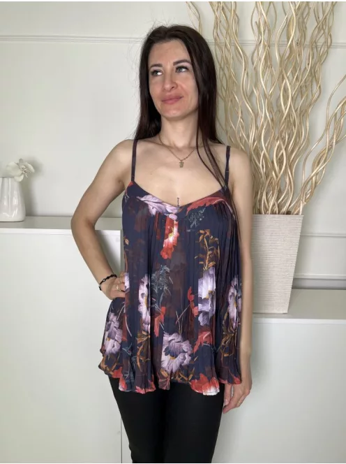 Next (M) Sötétkék Színes Mintás, Pliszírozott Állítható Pántú Felső