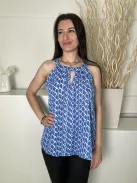 Peacocks (M) Kék Fehér Mintás, Mellnél Kivágott Hátul Nyakban Gombos Felső