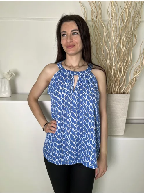 Peacocks (M) Kék Fehér Mintás, Mellnél Kivágott Hátul Nyakban Gombos Felső