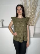 George (S) Khaki Anyagában Lyukacsos Mintás, Fodros Vállú 100% Pamut Alapanyagú, Hátul Nyakban Gombos Felső