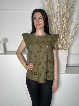   George (S) Khaki Anyagában Lyukacsos Mintás, Fodros Vállú 100% Pamut Alapanyagú, Hátul Nyakban Gombos Felső