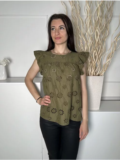 George (S) Khaki Anyagában Lyukacsos Mintás, Fodros Vállú 100% Pamut Alapanyagú, Hátul Nyakban Gombos Felső