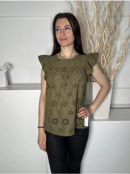 George (S) Khaki Anyagában Lyukacsos Mintás, Fodros Vállú 100% Pamut Alapanyagú, Hátul Nyakban Gombos Felső