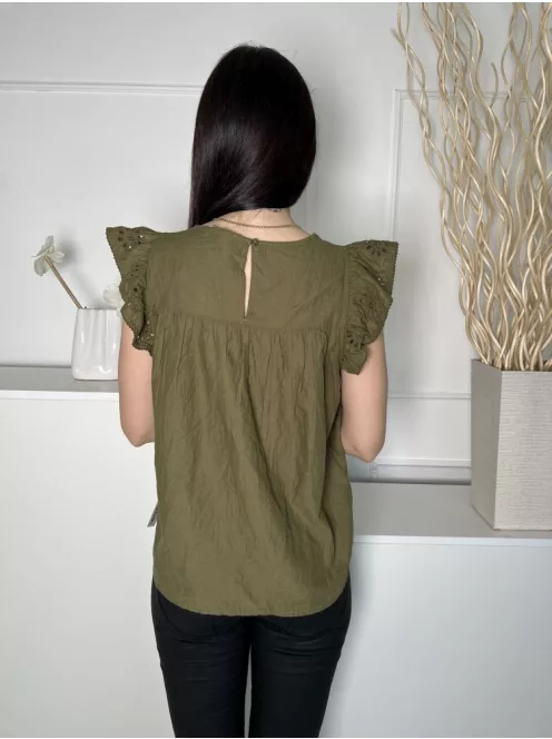 George (S) Khaki Anyagában Lyukacsos Mintás, Fodros Vállú 100% Pamut Alapanyagú, Hátul Nyakban Gombos Felső