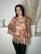 River Island (S) Barna-Drapp Mintás, Fodros Szegélyes Enyhén Áttetsző, Tölcsér Ujjú Felső