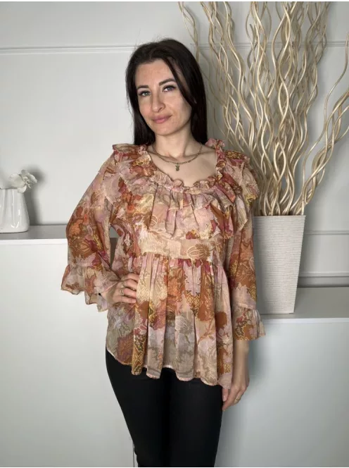 River Island (S) Barna-Drapp Mintás, Fodros Szegélyes Enyhén Áttetsző, Tölcsér Ujjú Felső