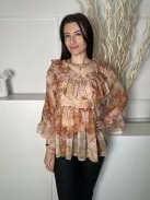 River Island (S) Barna-Drapp Mintás, Fodros Szegélyes Enyhén Áttetsző, Tölcsér Ujjú Felső