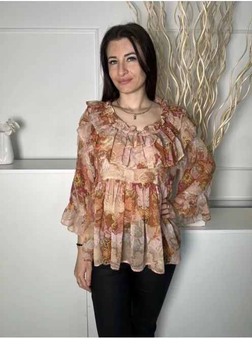 River Island (S) Barna-Drapp Mintás, Fodros Szegélyes Enyhén Áttetsző, Tölcsér Ujjú Felső