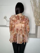 River Island (S) Barna-Drapp Mintás, Fodros Szegélyes Enyhén Áttetsző, Tölcsér Ujjú Felső