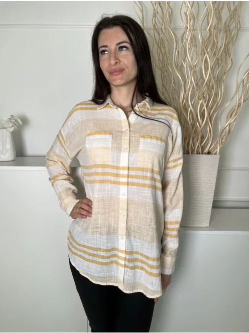 New Look (M) Fehér Sárga Csíkos, Elől Végig Gombos 100% Pamut, Mellnél Zsebes, Oldalt Sliccelt Felső