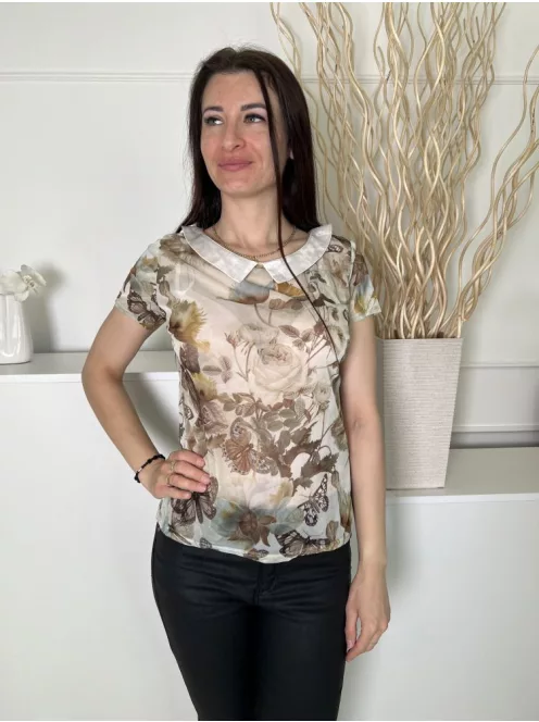 Atmosphere (M) Zöld Növénymintás, Átettsző Galléros, Hátul Nyakban Gombos Felső