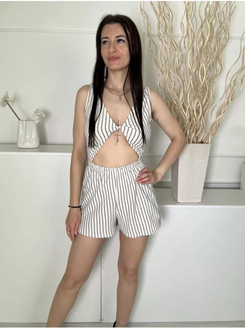 Asos (XS) Drapp Sötétkék Csíkos, Elől Nyitott Mellnél Csavart, 100% Pamut Overál