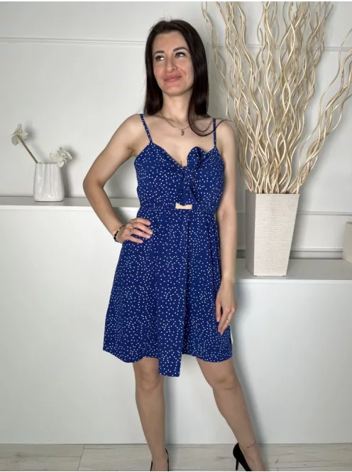 Shein (XS) Királykék Fehér Pöttyös, Mellnél Megkötős Gumisderekú, Állítható Pántú Ruha